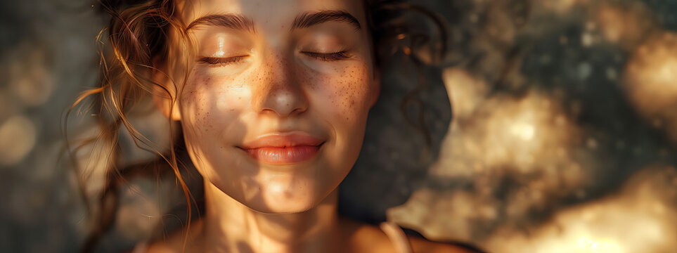 Close up portrait of a beautiful woman relaxing and meditating in the sunshine alone. Positive thinking, healthy and clean mind concept.