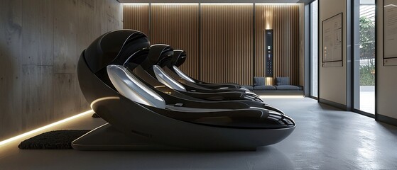 A futuristic interpretation of cryo pods in a sleek and minimalist design --ar 21:9