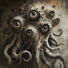 A surreal depiction of a gog-like creature with multiple eyes and tentacles - obrazy, fototapety, plakaty