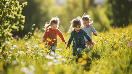 Happy school kids playing together outside in a spring meadow