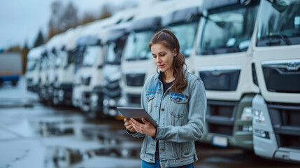 Logistics professional with tablet managing a fleet of trucks
