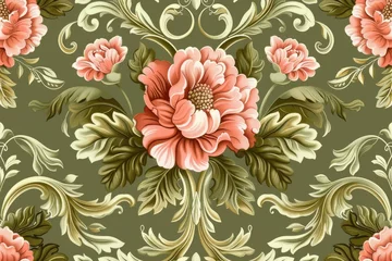 Fototapeten Wallpaper classic wallpaper seamless vintage flower pattern on green background © Nognapas