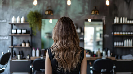 Portrait of a brown long hair female with a soft smile hairdresser in modern salon