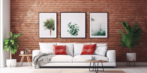Bright living room with plants, red brick wall adorned with posters above white sofa with pillows.