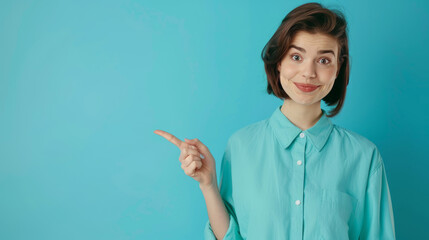 Positive woman with bob hairstyle pointing in turquoise shirt