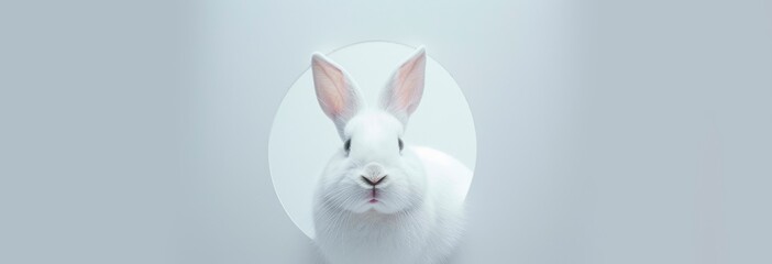 a white rabbit looking out of the circle on a clear  background, easter bunny, horizontal banner, copy space for text