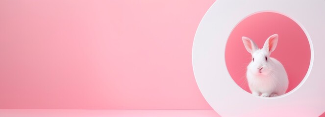 a white rabbit looking out of the circle on a pink background, easter bunny, horizontal banner, copy space for text
