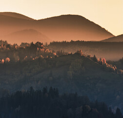 autumn foggy landscape,  morning view on mountains, splendid  nature image, Europe travel,...