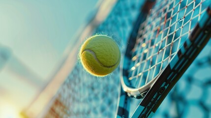 Tennis Match Point, A close-up shot of a tennis ball pressed against the strings of a racket, capturing the decisive moment of impact during a sunlit tennis match.