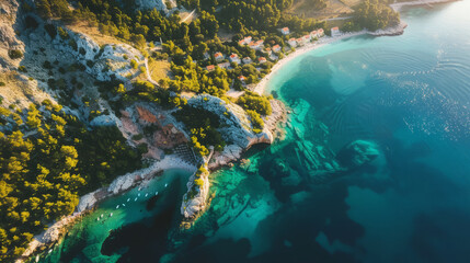 Aerial view of the stunning Adriatic coast in Croatia with crystal clear waters