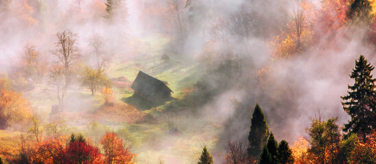 autumn foggy landscape,  morning view on mountains, splendid  nature image, Europe travel, Carpathians, Ukraine - obrazy, fototapety, plakaty