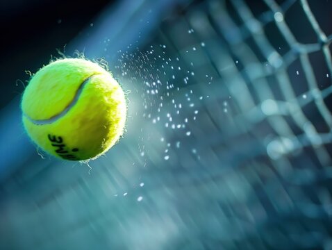 Freeze Frame Tennis Serve, A dynamic freeze-frame photo capturing a tennis ball in mid-air with a spray of water droplets, suspended just before contact with a racket.
