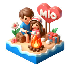 Obraz na płótnie Canvas A 3d flat icon of mother day concept.Beachside Bonfire Roasting Marshmallows with Mom's Love, isolated white background,cartoon cute style