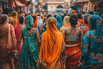 Cultural festival in India, people dressed in colorful attire, Traditional garb bedecks jubilant participants in a festive gathering, their smiles reflecting shared happiness amid vivid textiles