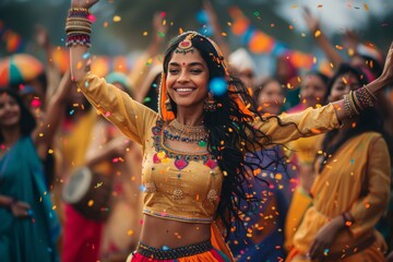 Cultural festival in India, people dressed in colorful attire,  In midst of celebration, a performer's beaming countenance and vibrant costume mirror the exuberance and cultural pride of the event.. - obrazy, fototapety, plakaty