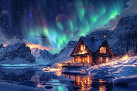 Northern lights viewing in Iceland, snowy landscape, Snow-clad chalet radiates cozy warmth, serene lake mirrors its light; majestic alpine scenery and celestial northern lights overhead