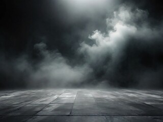 Abstract image of dark room concrete floor. Black room or stage background for product placement. Panoramic view of the abstract fog. White cloudiness, mist or smog moves on black background. - obrazy, fototapety, plakaty