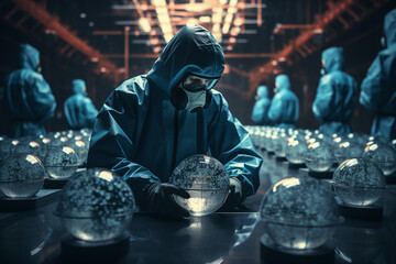 Global pandemic threats and healthcare systems. A man in a gas mask gazes at a glass ball in the darkness. Group of scientists and doctors in protective blue suits and gas masks looking futuristic - obrazy, fototapety, plakaty