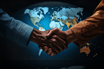 Peace negotiations and conflict resolution. Two black men shaking hands in front of a world map. A flash photography gesture captures the event in a political summit. 