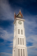 View of Jam Gadang, a historical and most famous landmark in Bukit Tinggi, West Sumatera, Indonesia, icon of the city and the most visited tourist destination by tourists.