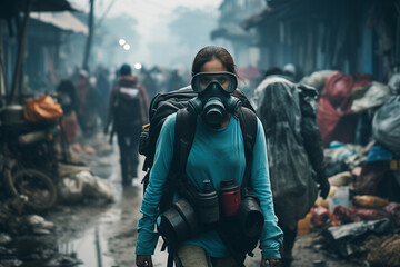The pandemic and global efforts to combat infectious diseases. In a dark and polluted city, a female is wearing a gas mask and navigates the streets like a scene from an action film or shooter game - obrazy, fototapety, plakaty