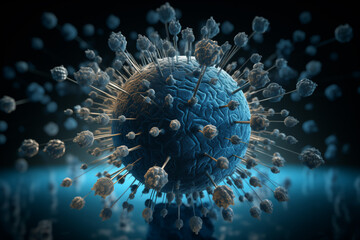 The pandemic and global efforts to combat infectious diseases . A computer generated image of a virus surrounded by bacteria . High quality image of a blue virus with spikes 
