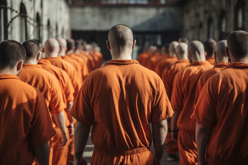 Obraz premium Criminals jailed in prison in orange uniform behind metal bars Generative AI realistic 3D picture