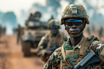 The work of international peacekeeping missions. A black african ,ale soldier in military uniform and sunglasses stands in front of a tank holding a gun. He is likely an officer from squad - obrazy, fototapety, plakaty