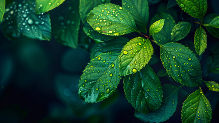 Wallpaper, close-up of dew on vibrant green leaves, natures beauty, serene and refreshing, high-resolution.