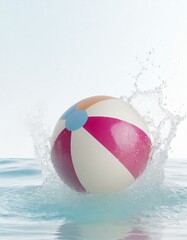 Action shot of a beach ball hitting the water in a swimming pool and splashing in the summer. Fun joyful and playful scene.