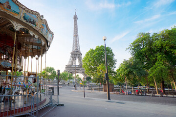 Paris Eiffel Tower and path in Trocadero gardens at sunrise in Paris, France. Web banner format....
