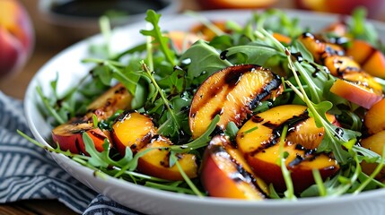 Grilled peach and arugula salad with a honey balsamic vinaigrette