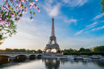 Paris Eiffel Tower and river Seine with sunrise in Paris, France. Eiffel Tower is one of the most...