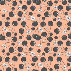 Seamless pattern berries cherry flowers peach beige background. Black white gray pattern