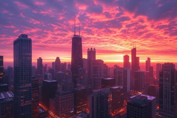 Fototapeta premium A city skyline at dawn, where the first light of morning paints the horizon in hues of rose and gold