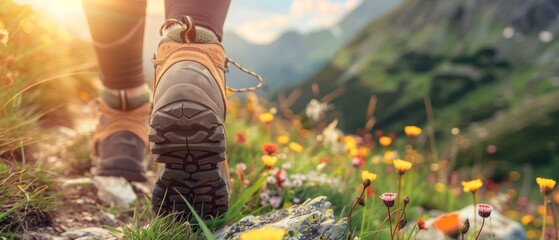 Hiking hiker walking traveler mountains landscape adventure nature outdoors sport background panorama - Closeup of feets from a woman with hiking shoes - obrazy, fototapety, plakaty