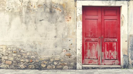 Fototapeten  a vintage photograph of a bright red wooden door in a very old building in a street in rural  © Media Srock