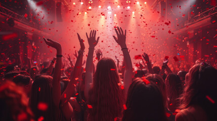 Fototapeta na wymiar Nightclub party clubbers with hands in air and red confetti.