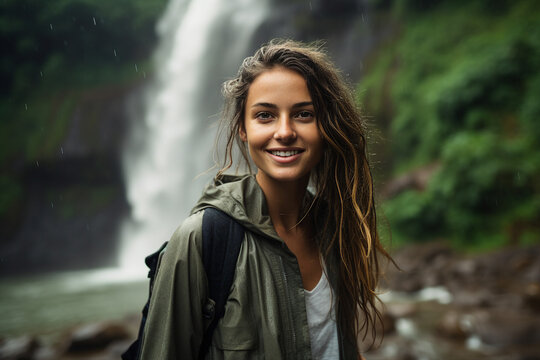 Generated with AI portrait of cheerful girl traveling in tropical forest