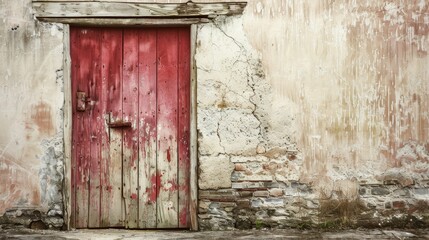  a vintage photograph of a bright red wooden door in a very old building in a street in rural 