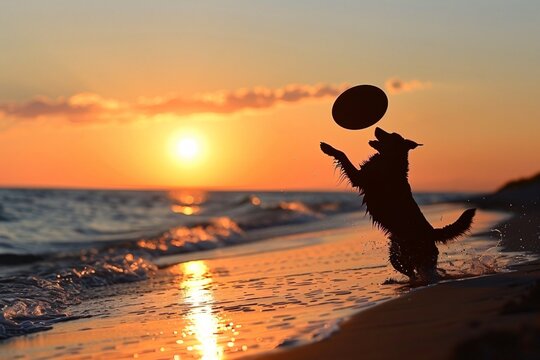 A dogs smile as it catches a frisbee at the beach with the backdrop of a stunning sunset painting the sky in hues of orange and pink