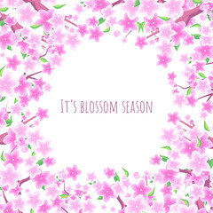 Obraz na płótnie Canvas Pink cherry blossom border. Cherry blossom pink background. Pink cherry blossom frame on a white background with copy space. Banner with sakura branches and clouds. Vector illustration in flat style