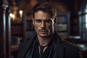 Fototapeta premium Generated with AI photo of young handsome elegant man standing in large library among bookshelves