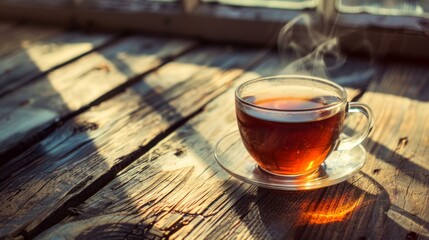 cup with hot tea and steam above it on a wooden surface