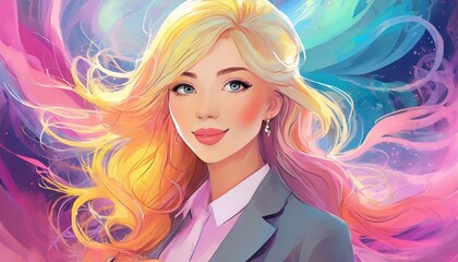 Young attractive smiling blonde girl anime wearing casual clothes pastel colors and pink smoke