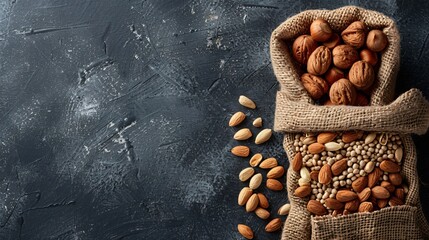 A durable shopping bag containing heart healthy nuts and seeds against a muted dark canvas illustrating the concept of simple impactful nutrition choices - obrazy, fototapety, plakaty