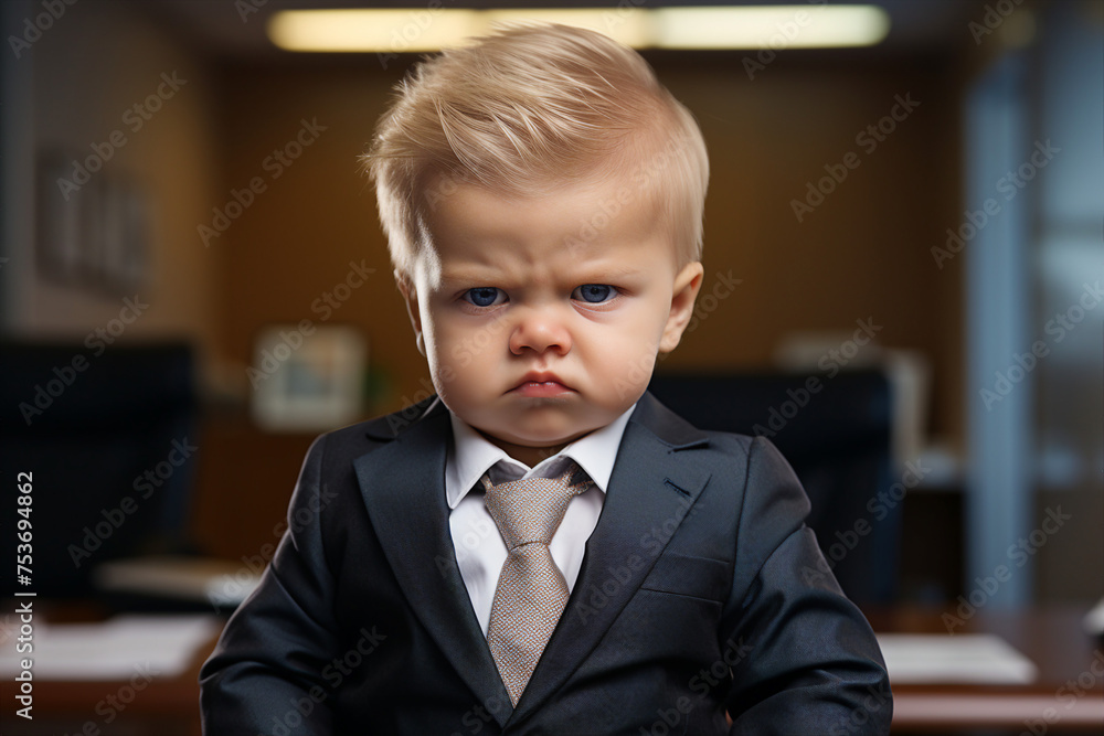 Wall mural generative ai picture image of small little cute kid businessman in office company