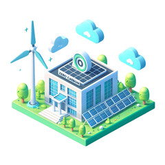 A 3d flat icon of zero carbon concept.A green energy company's headquarters with a wind turbine and solar panels., isolated white background,cartoon cute style, pastel tone