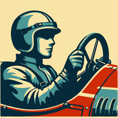 Adrenaline of a bygone era with this captivating vintage vector of a man navigating a racing car, capturing the thrill and excitement of classic motor racing