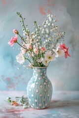 A gorgeous flowers in the plant pot with polka pots. Studio shot. 